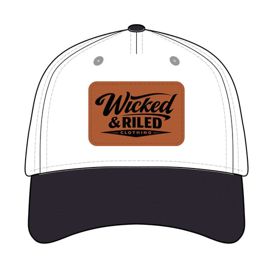 Wicked & Riled leather patch baseball cap featuring a distressed American flag logo.