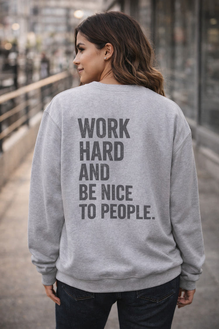Work Hard and Be Nice to People sweatshirt with distressed flag and bold monogram, midweight cotton-poly blend, ribbed collar and cuffs, embroidered customization options.