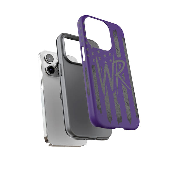 Purple 'WR' flag tough phone case by Printify, featuring a durable design and vibrant colors for protection and style.