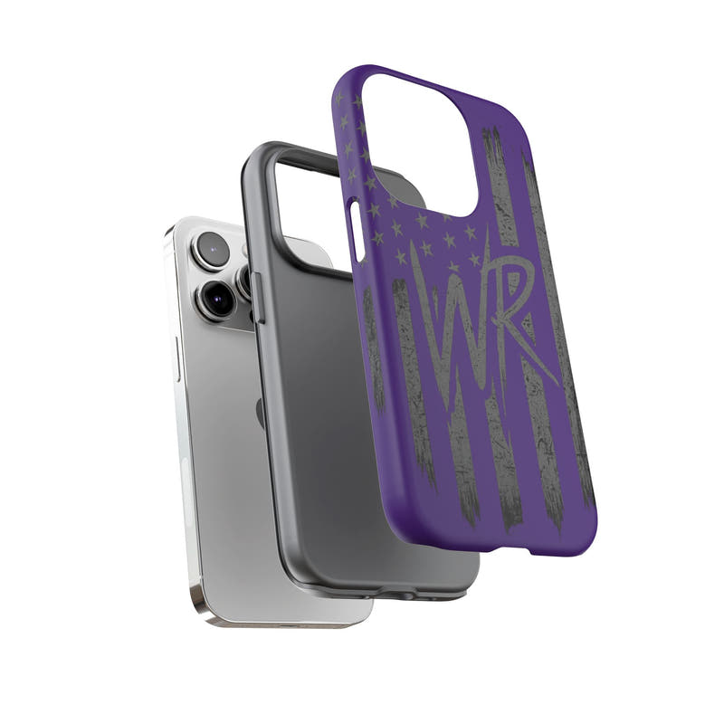 Purple 'WR' flag tough phone case by Printify, featuring a durable design and vibrant colors for protection and style.