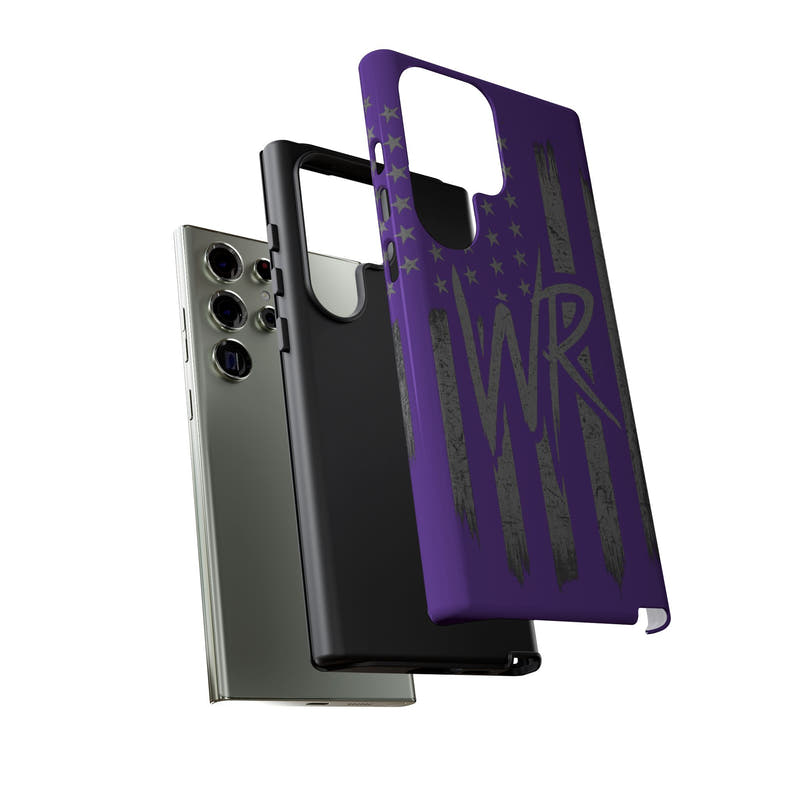 Purple 'WR' flag design tough phone case by Printify, showcasing durable material and precise cutouts for buttons.
