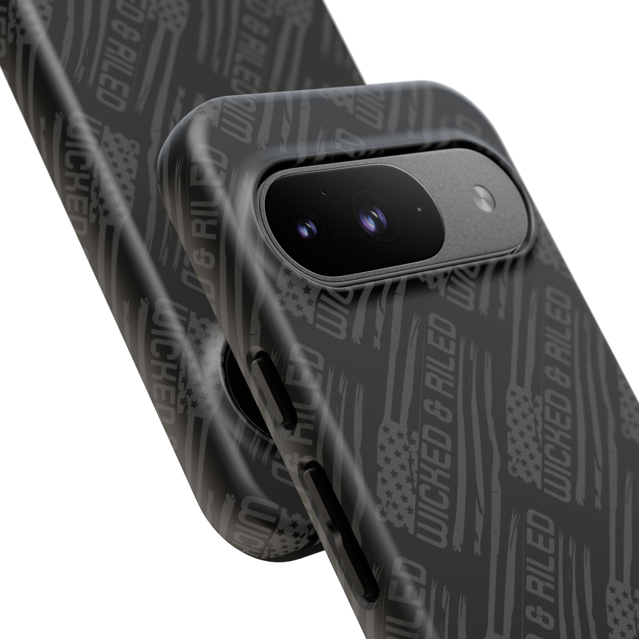 Rugged black protective phone case by Printify with a textured TOUGH CASES pattern for enhanced grip and durability.