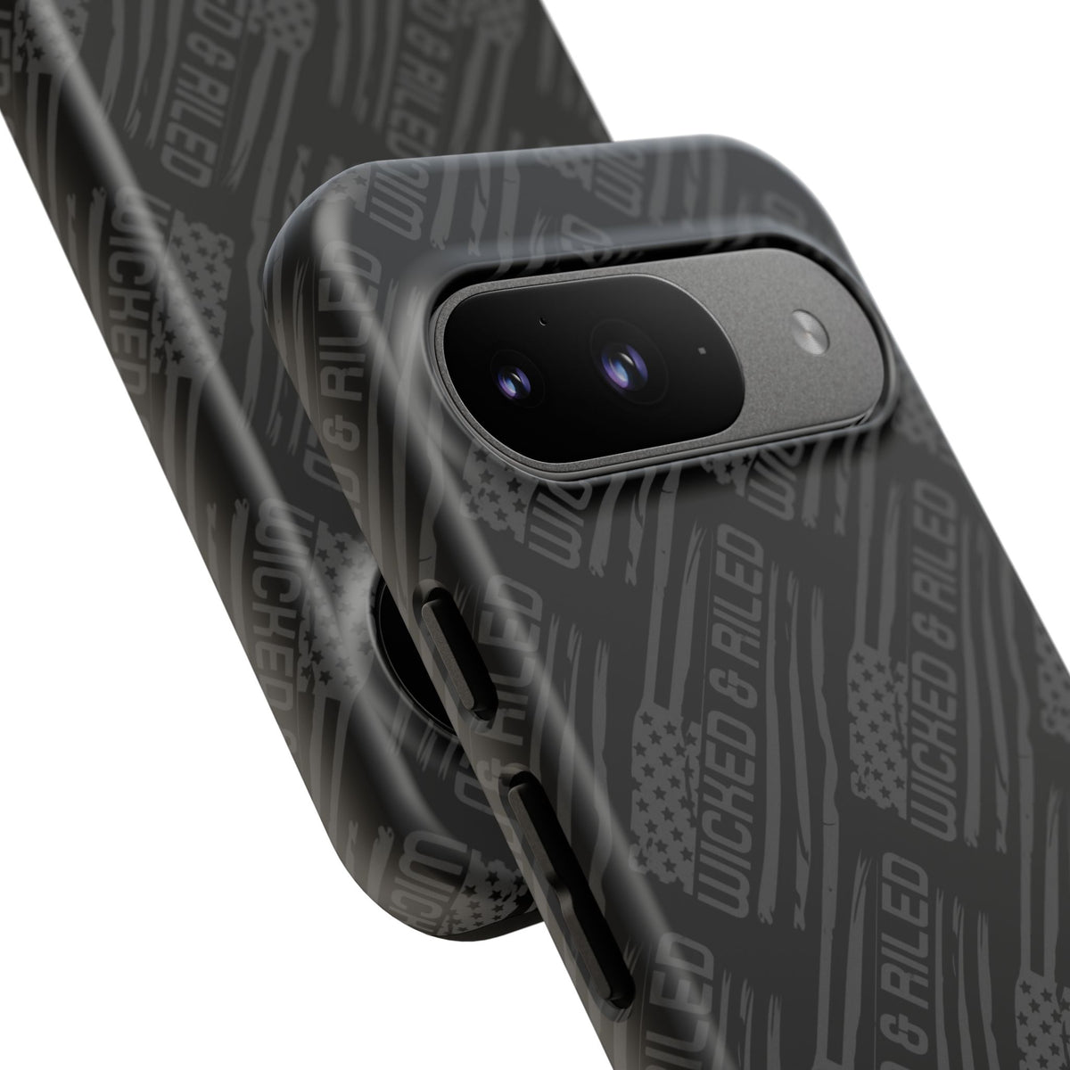 Rugged black protective phone case by Printify with a textured TOUGH CASES pattern for enhanced grip and durability.