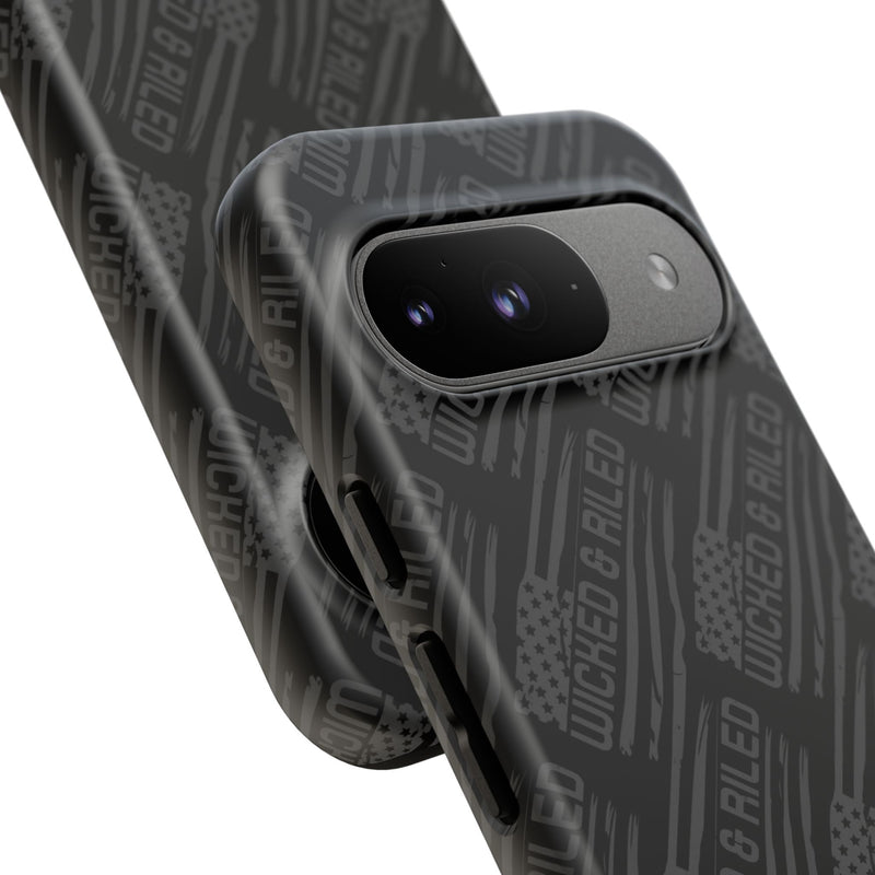 Rugged black protective phone case by Printify with a textured TOUGH CASES pattern for enhanced grip and durability.