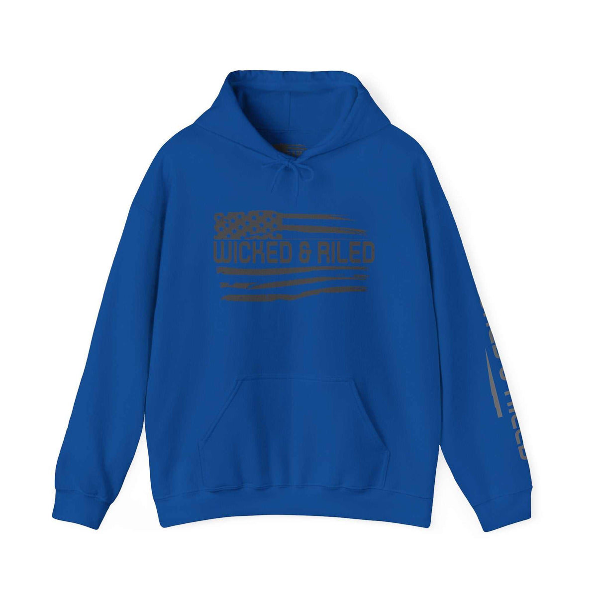 Distressed American logo on a Wicked & Riled pullover hoodie by Printify, featuring a cozy hood and front pocket.