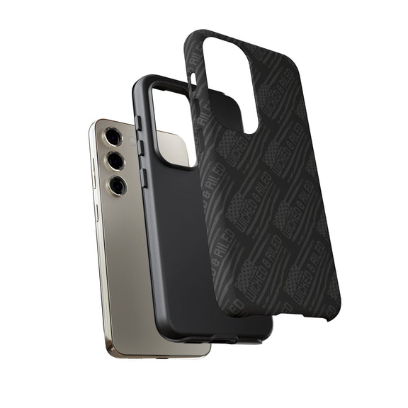 Rugged black protective phone case with "TOUGH CASES" text pattern by Printify, showcasing durability and style.