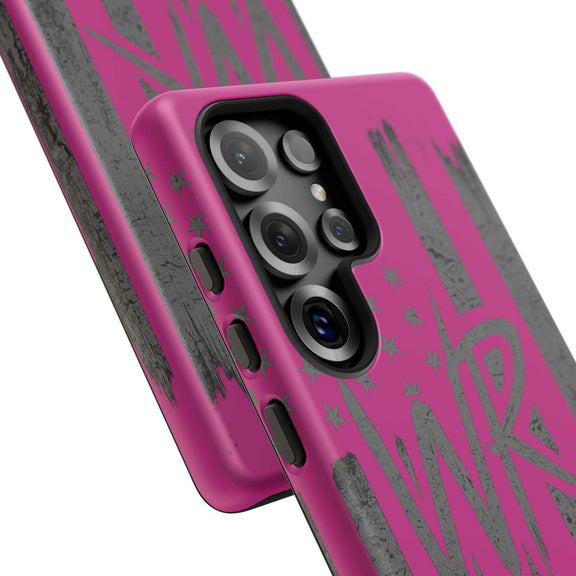 Pink 'WR' Flag Tough Phone Case by Printify, showcasing a durable design with a vibrant flag pattern.
