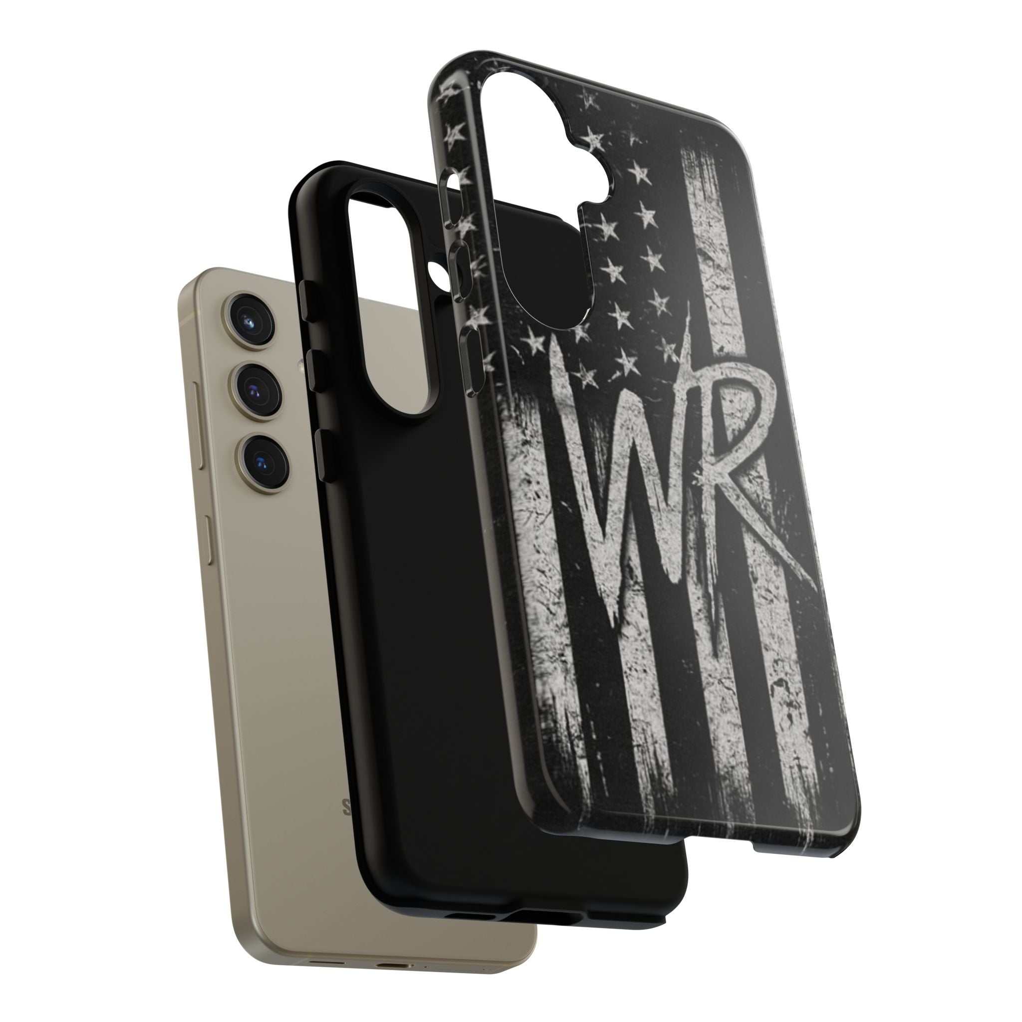 Distressed American flag phone case featuring a WR monogram, designed by Printify for tough protection.