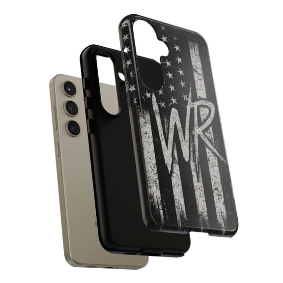 Distressed American flag phone case featuring a WR monogram, designed by Printify for tough protection.