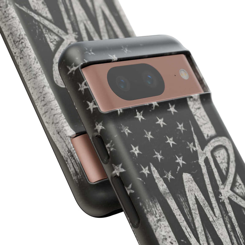 Distressed American flag phone case with WR monogram, designed by Printify for tough protection and style.