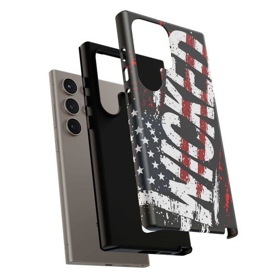 Distressed American flag phone case by Printify featuring "VETERAN" graphic for rugged patriotic protection.
