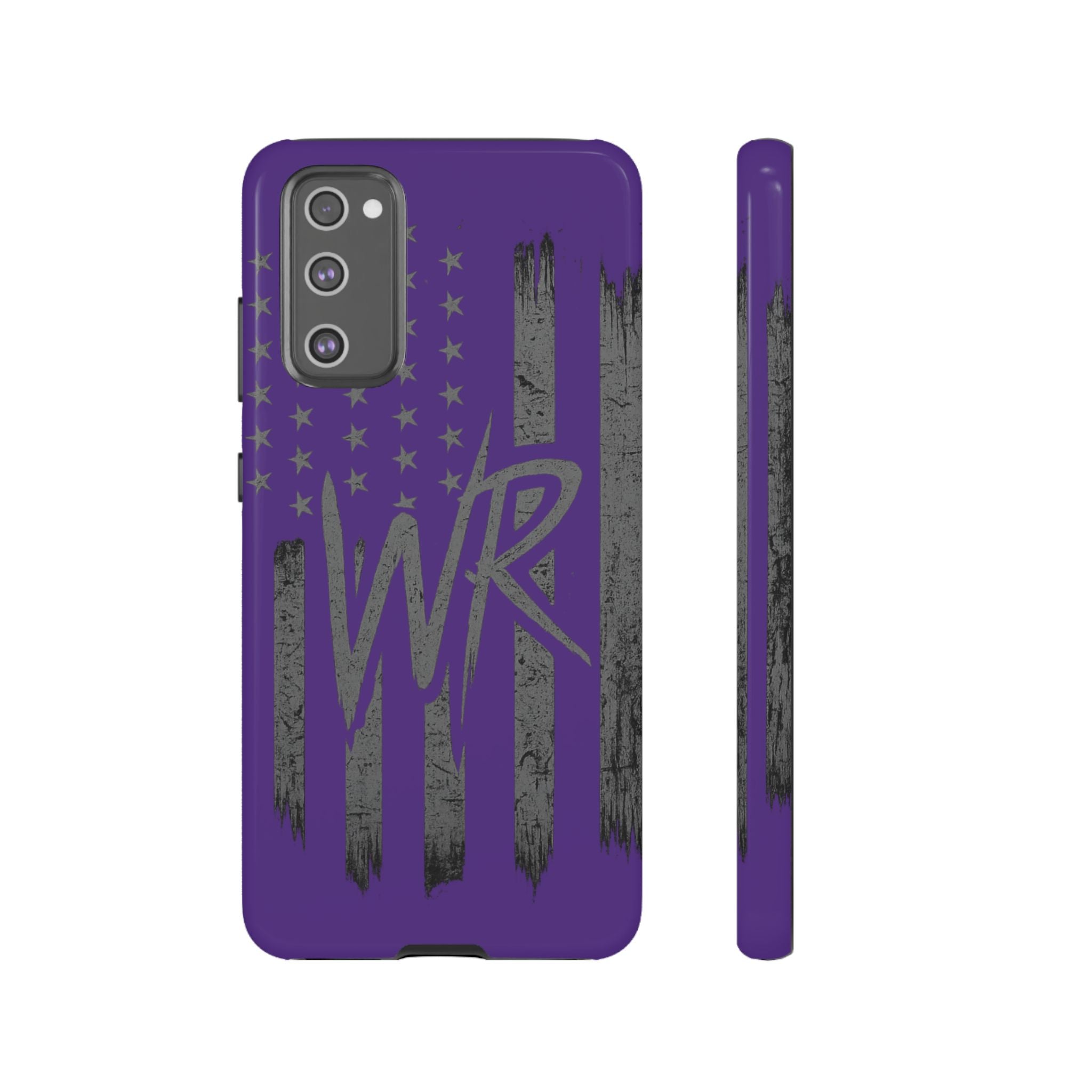 Purple 'WR' flag tough phone case by Printify, showcasing durable protection with a vibrant design.