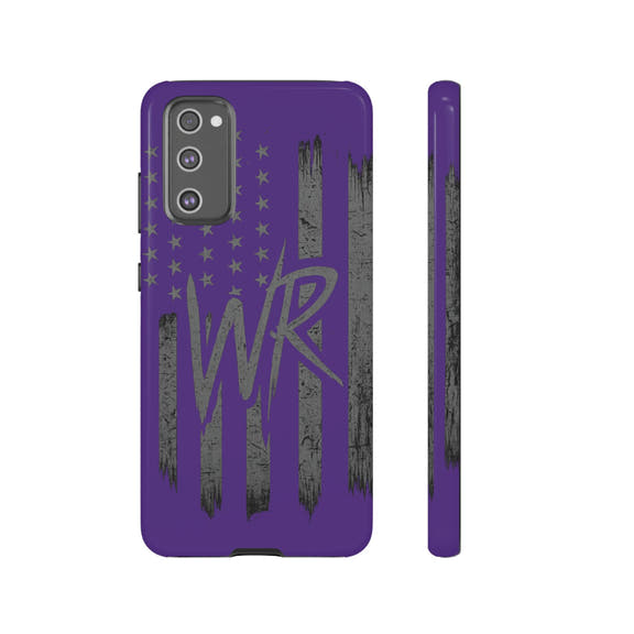Purple 'WR' flag tough phone case by Printify, showcasing durable protection with a vibrant design.