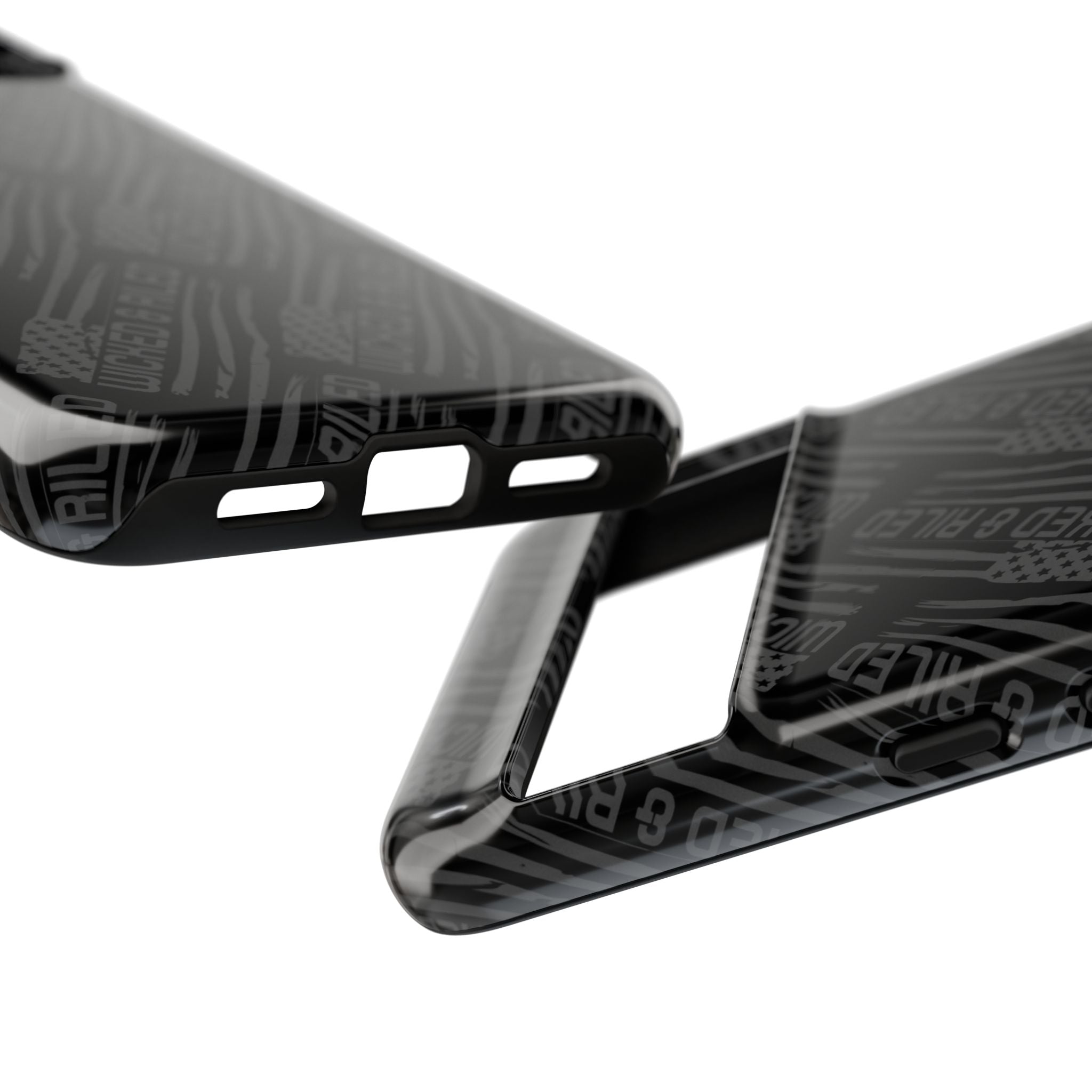 Rugged black protective phone case by Printify featuring a textured TOUGH CASES pattern for enhanced grip and durability.
