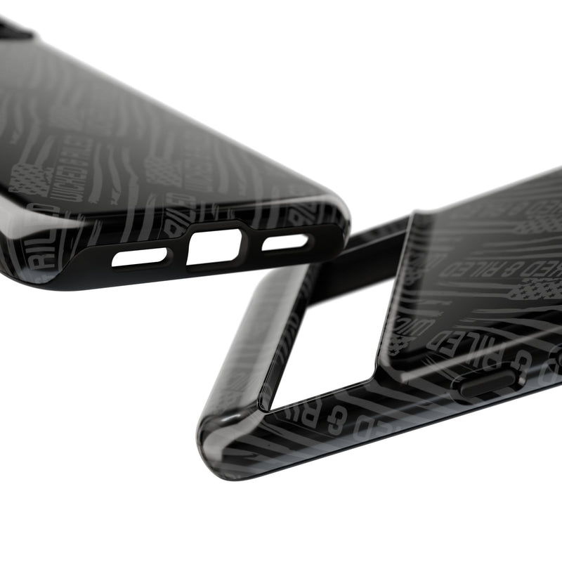 Rugged black protective phone case by Printify featuring a textured TOUGH CASES pattern for enhanced grip and durability.