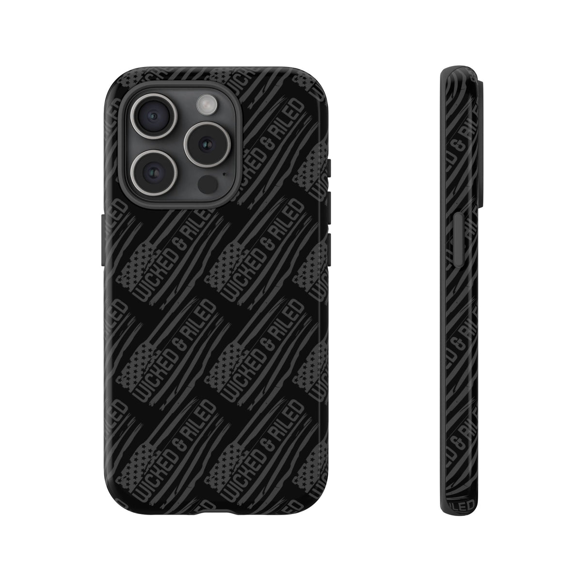 Rugged black protective phone case by Printify featuring a textured 'TOUGH CASES' pattern for enhanced grip and durability.