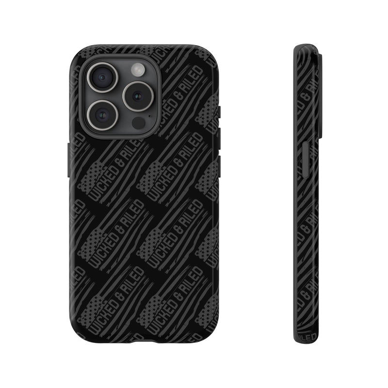 Rugged black protective phone case by Printify featuring a textured 'TOUGH CASES' pattern for enhanced grip and durability.