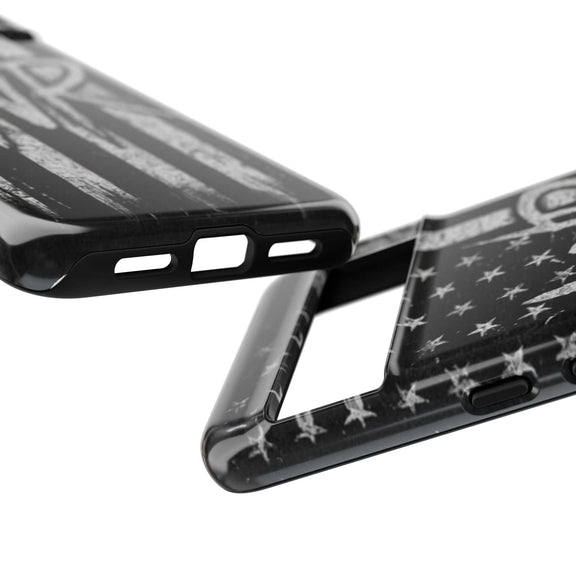 Distressed American flag phone case with WR monogram, designed by Printify for tough protection and patriotic style.