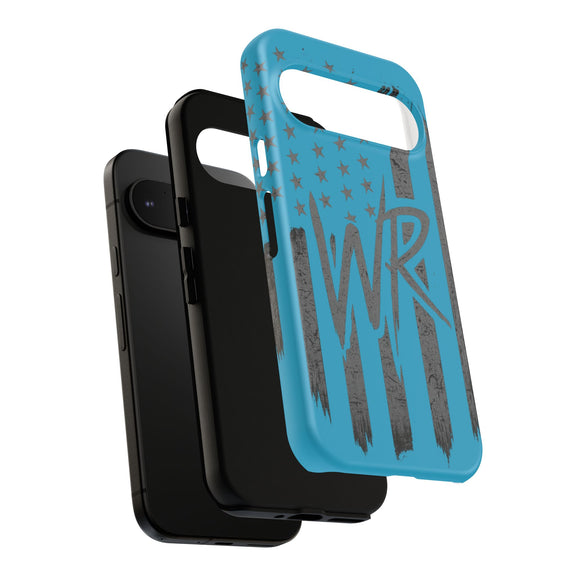 Patriotic blue 'WR' flag tough phone case by Printify, showcasing durable design and vibrant colors on a smartphone.