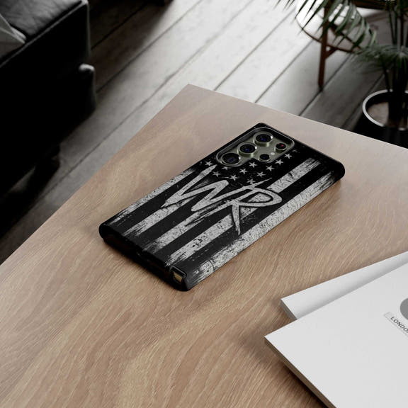 Distressed American flag phone case featuring a monogram WR, designed by Printify for tough protection.