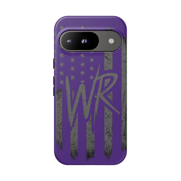 Purple 'WR' flag tough phone case by Printify, showcasing durable protection with a vibrant design.