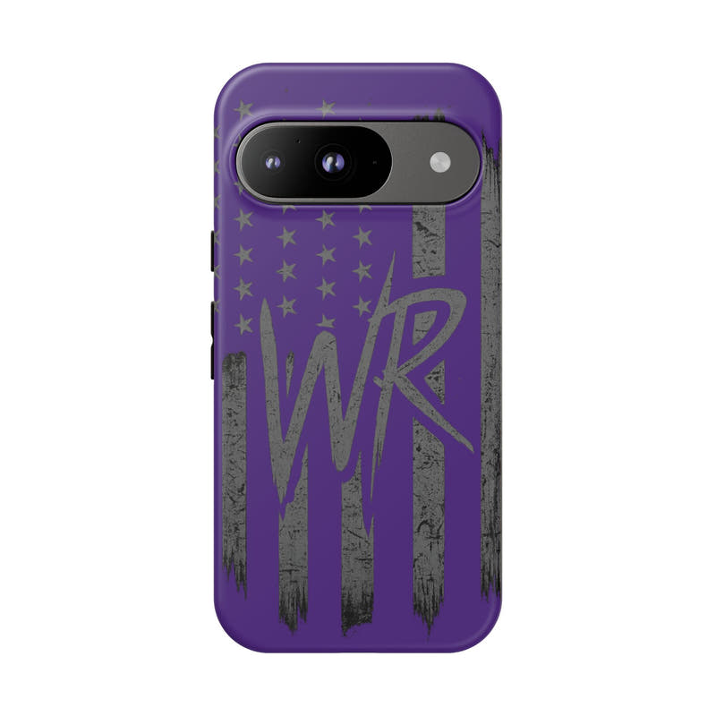 Purple 'WR' flag tough phone case by Printify, showcasing durable protection with a vibrant design.