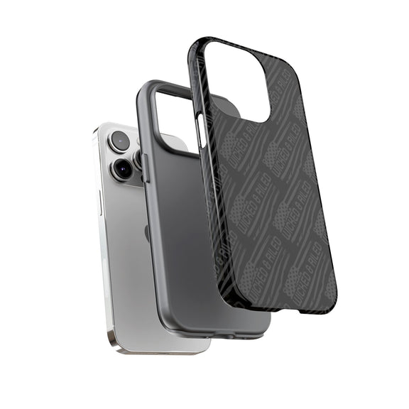 Rugged black protective phone case by Printify featuring a textured TOUGH CASES pattern.