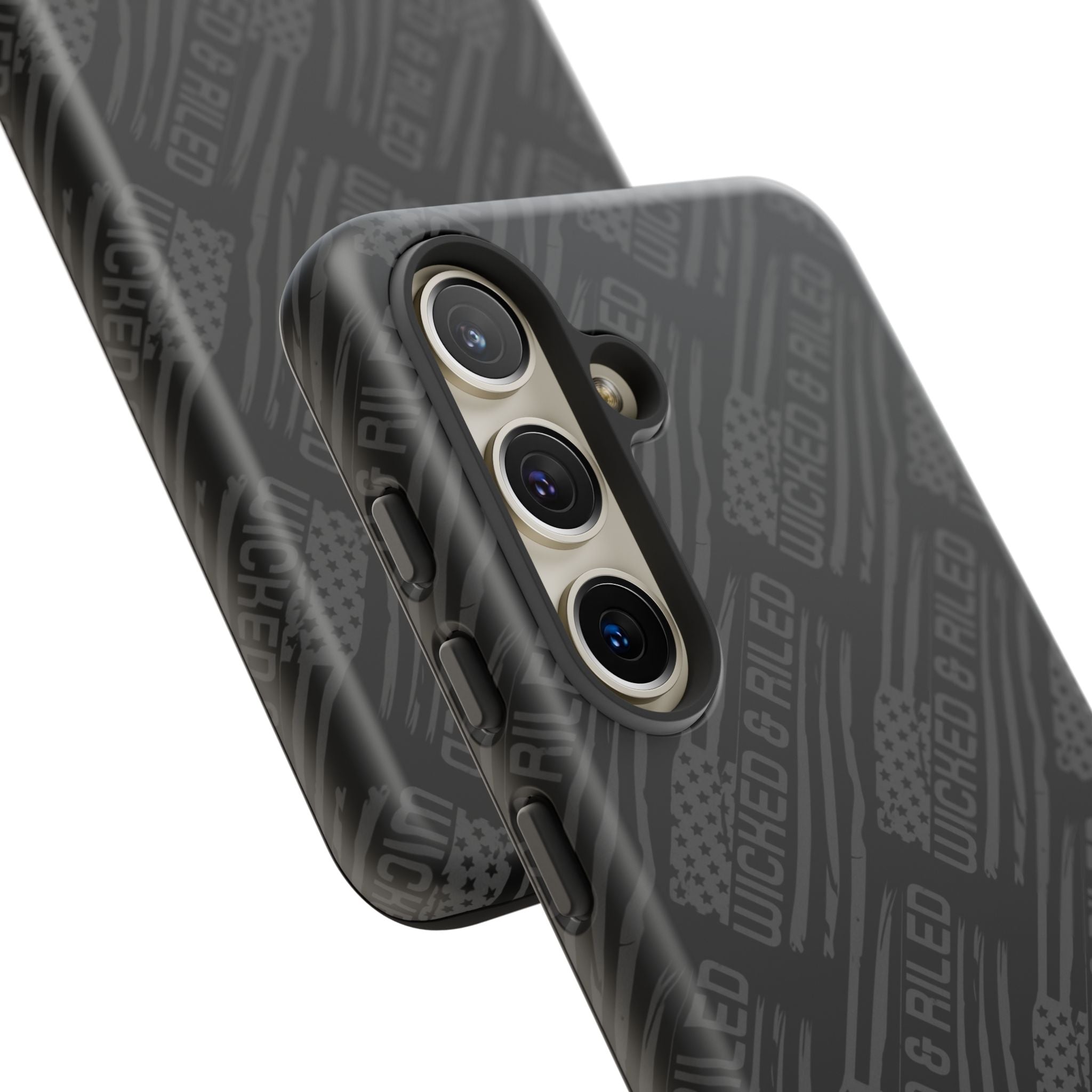 Rugged black protective phone case by Printify featuring a textured pattern labeled "TOUGH CASES".