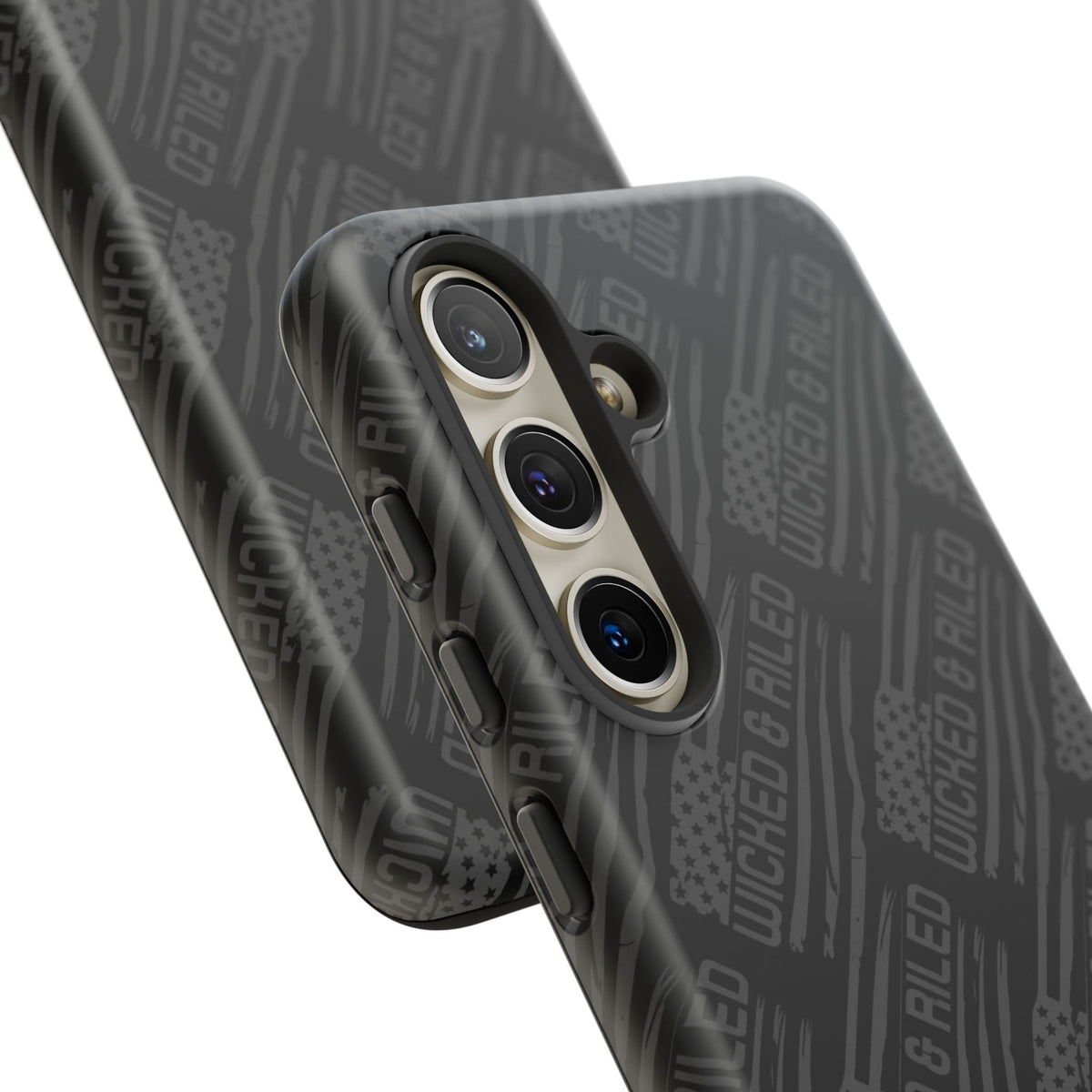 Rugged black protective phone case by Printify featuring a textured pattern labeled "TOUGH CASES".