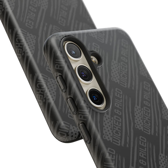 Rugged black protective phone case by Printify featuring a textured pattern labeled "TOUGH CASES".
