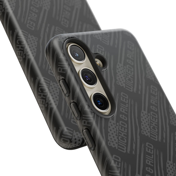 Rugged black protective phone case by Printify featuring a textured pattern labeled "TOUGH CASES".