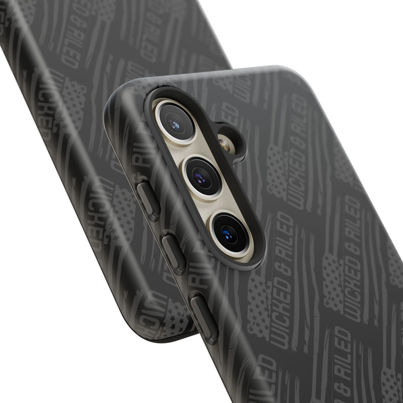 Rugged black protective phone case by Printify featuring a textured pattern labeled "TOUGH CASES".