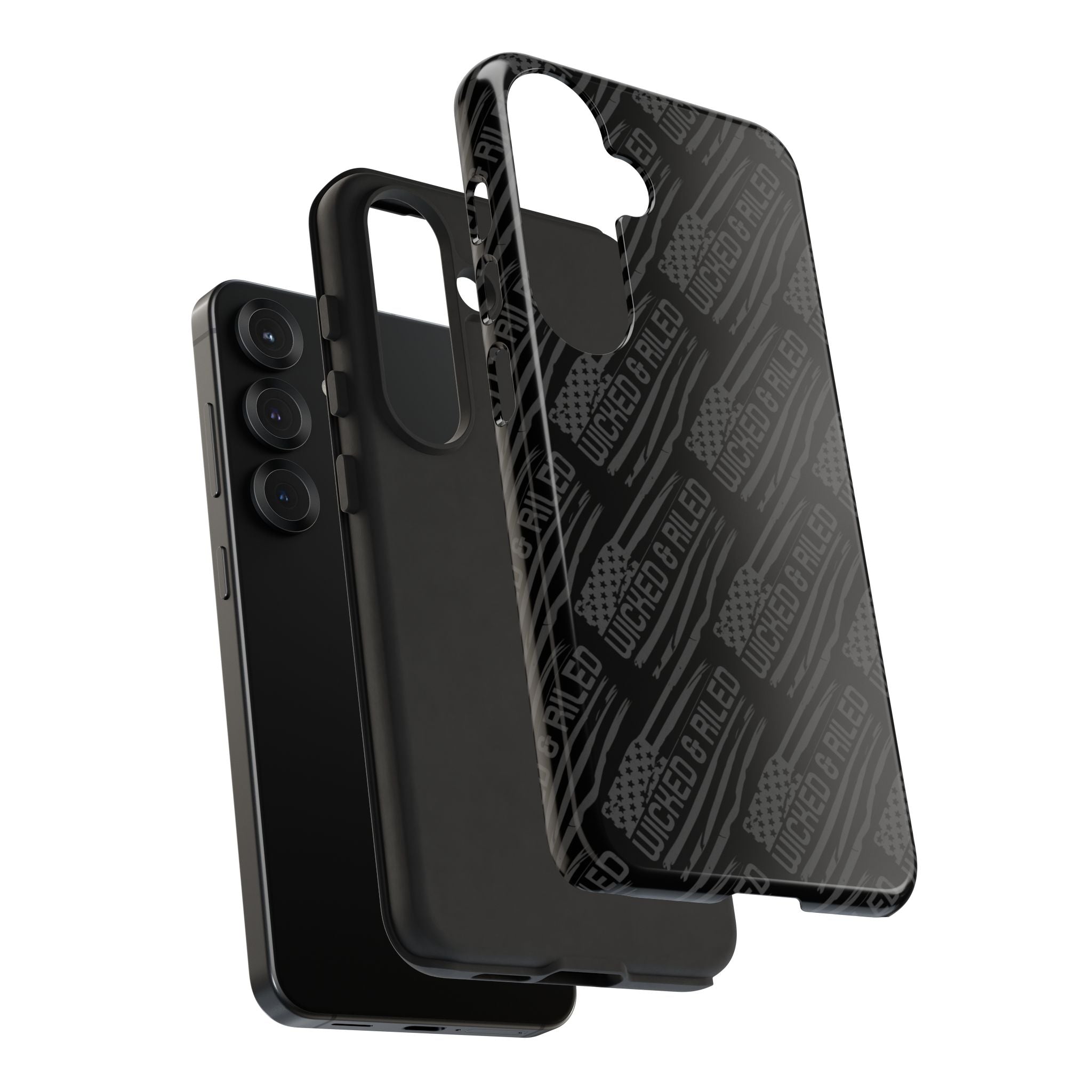 Rugged black protective phone case by Printify featuring a textured "TOUGH CASES" pattern for enhanced grip.