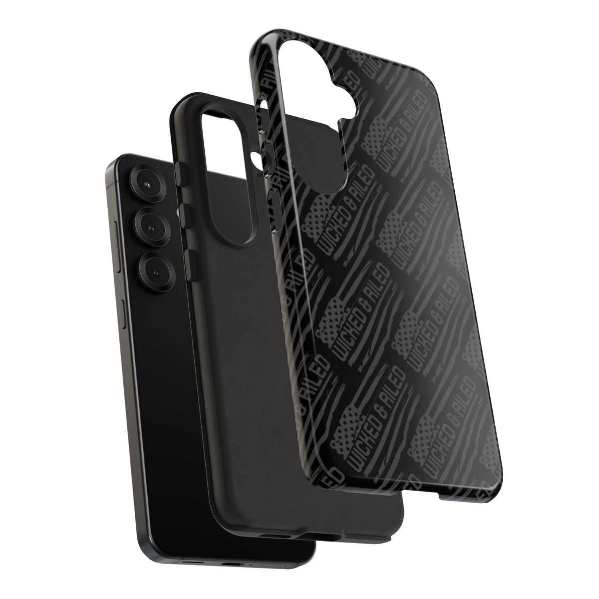 Rugged black protective phone case by Printify featuring a textured "TOUGH CASES" pattern for enhanced grip.