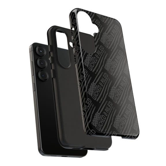 Rugged black protective phone case by Printify featuring a textured "TOUGH CASES" pattern for enhanced grip.