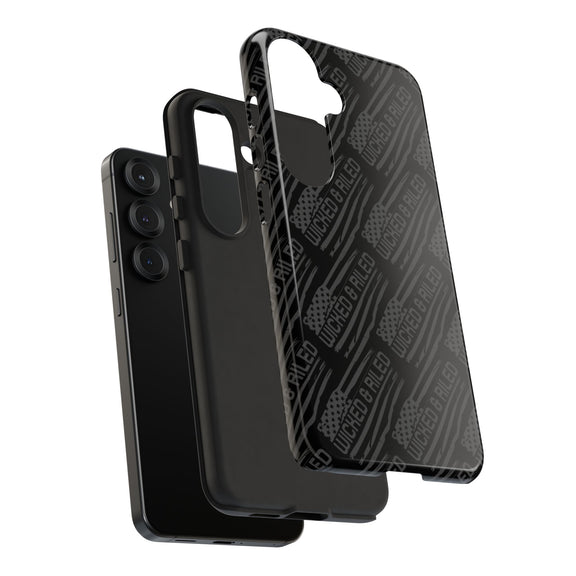Rugged black protective phone case by Printify featuring a textured "TOUGH CASES" pattern for enhanced grip.