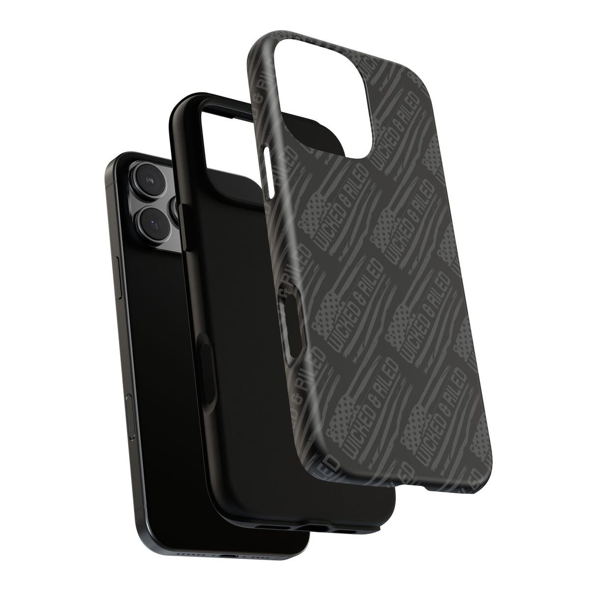 Rugged black protective phone case by Printify featuring a textured "TOUGH CASES" pattern for enhanced grip and durability.