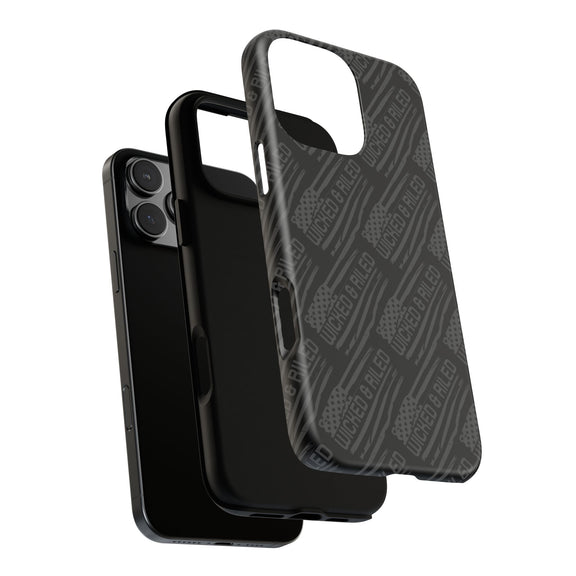 Rugged black protective phone case by Printify featuring a textured "TOUGH CASES" pattern for enhanced grip and durability.