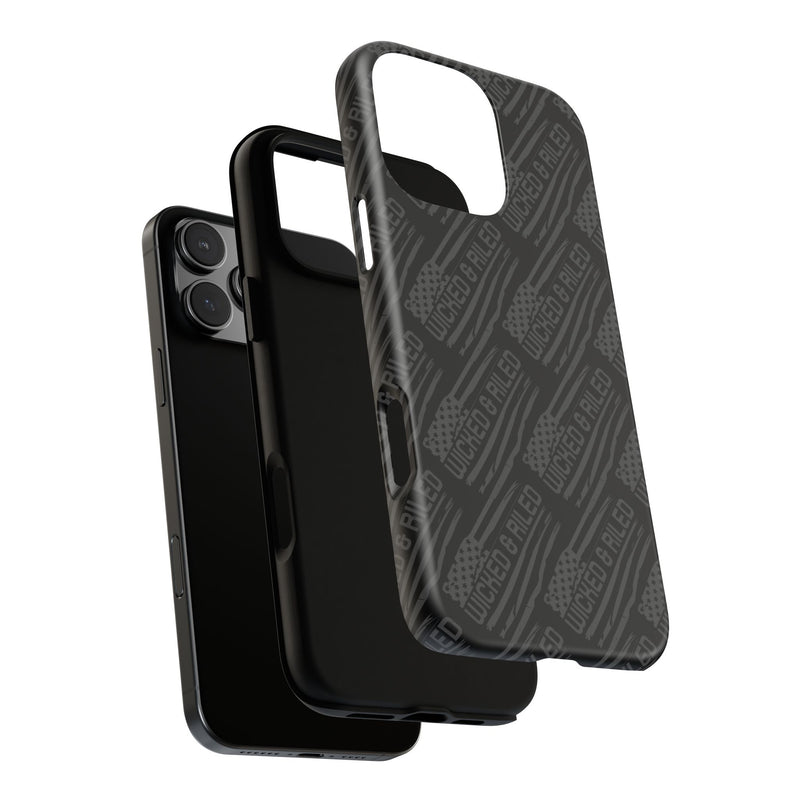 Rugged black protective phone case by Printify featuring a textured "TOUGH CASES" pattern for enhanced grip and durability.