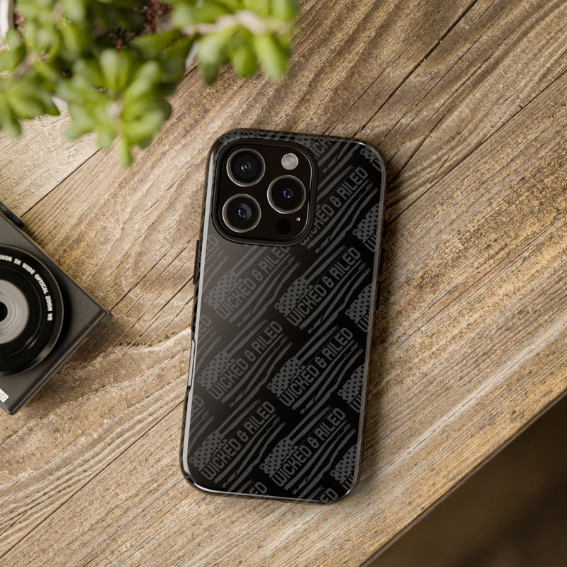 Rugged black protective phone case by Printify with a textured "TOUGH CASES" pattern, designed for durability.