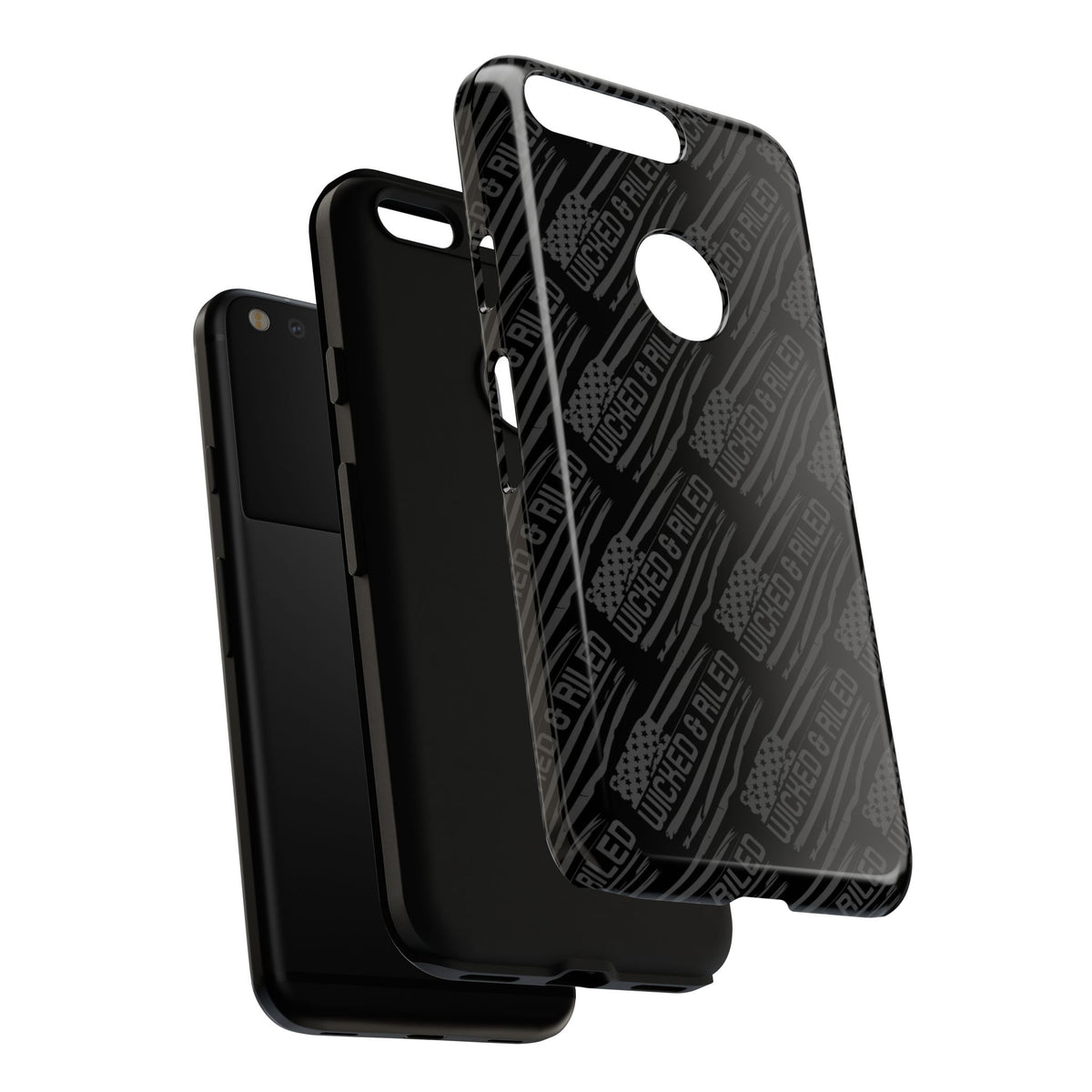Rugged black protective phone case by Printify with a textured "TOUGH CASES" pattern, designed for durability.