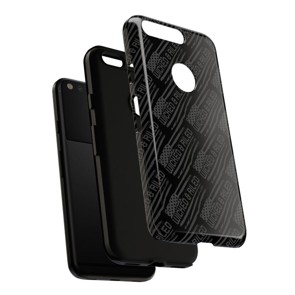 Rugged black protective phone case by Printify with a textured "TOUGH CASES" pattern, designed for durability.