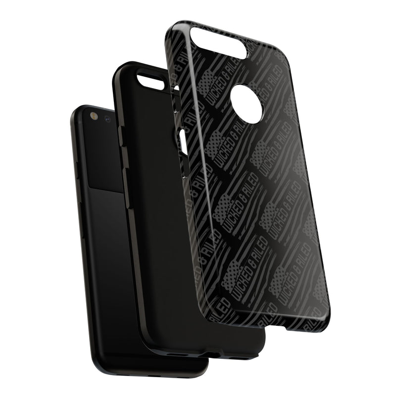 Rugged black protective phone case by Printify with a textured "TOUGH CASES" pattern, designed for durability.
