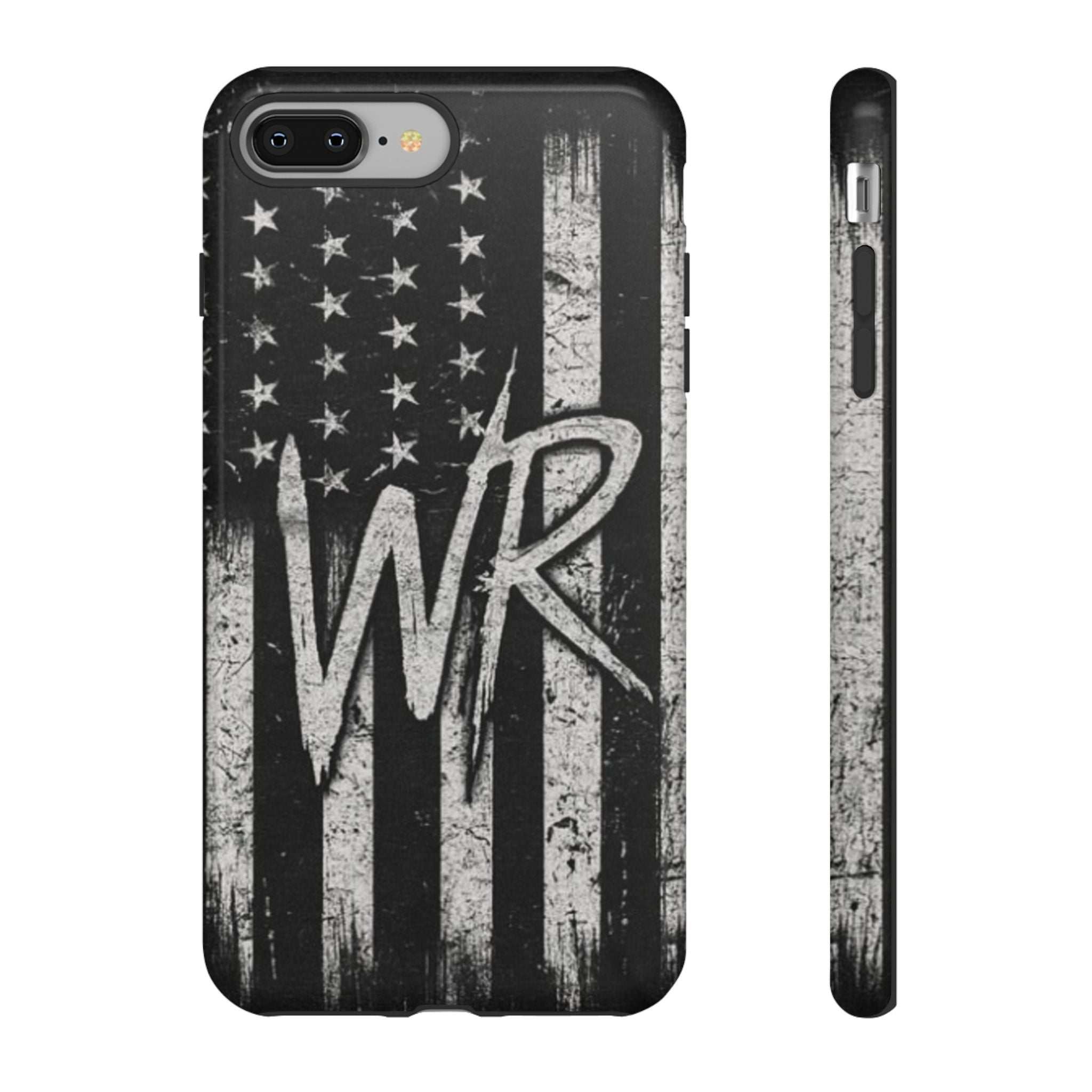 Distressed American flag design on a Patriotic Monogram Tough Phone Case featuring the initials WR by Printify.