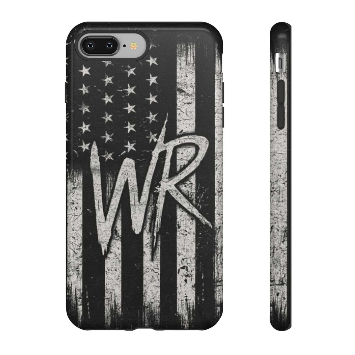 Distressed American flag design on a Patriotic Monogram Tough Phone Case featuring the initials WR by Printify.