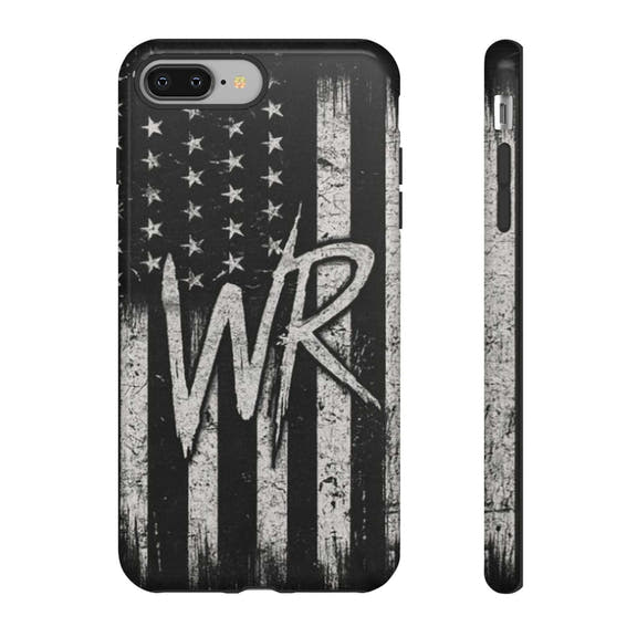 Distressed American flag design on a Patriotic Monogram Tough Phone Case featuring the initials WR by Printify.