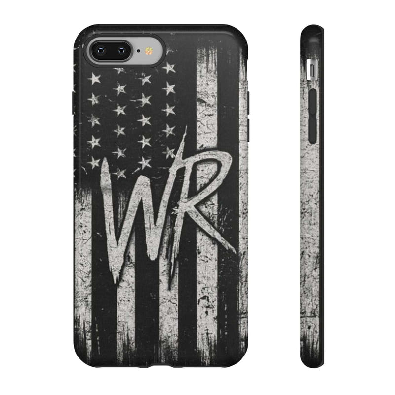 Distressed American flag design on a Patriotic Monogram Tough Phone Case featuring the initials WR by Printify.