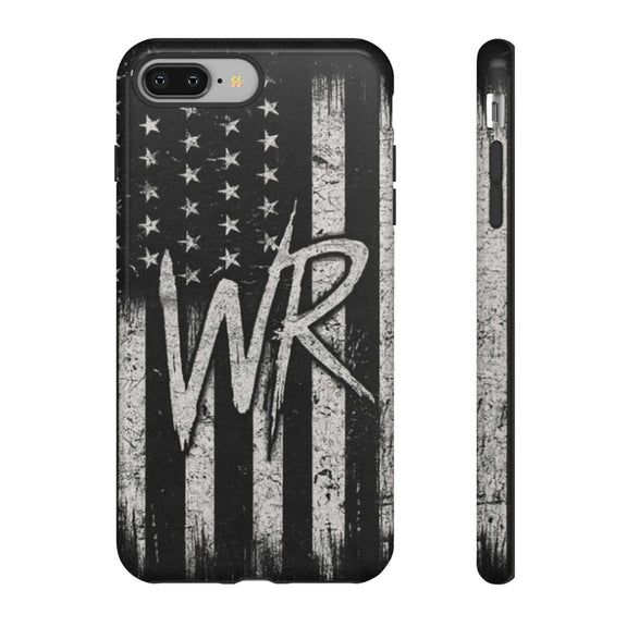 Distressed American flag design on a Patriotic Monogram Tough Phone Case featuring the initials WR by Printify.