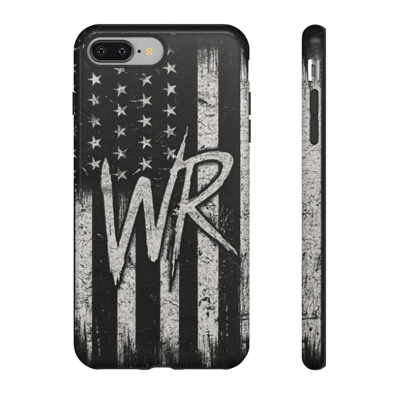Distressed American flag design on a Patriotic Monogram Tough Phone Case featuring the initials WR by Printify.
