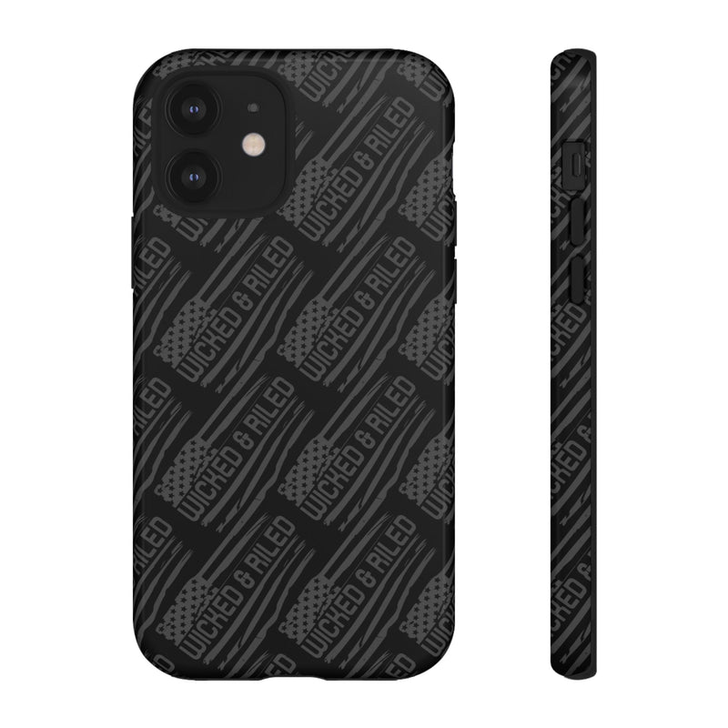 Rugged black protective phone case by Printify with a textured "TOUGH CASES" pattern, designed for durability.